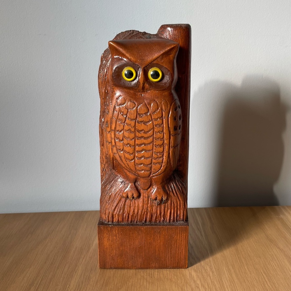 VINTAGE Mid-century Carved Wooden Owl Statue with Yellow Eyes - Picture 1 of 11